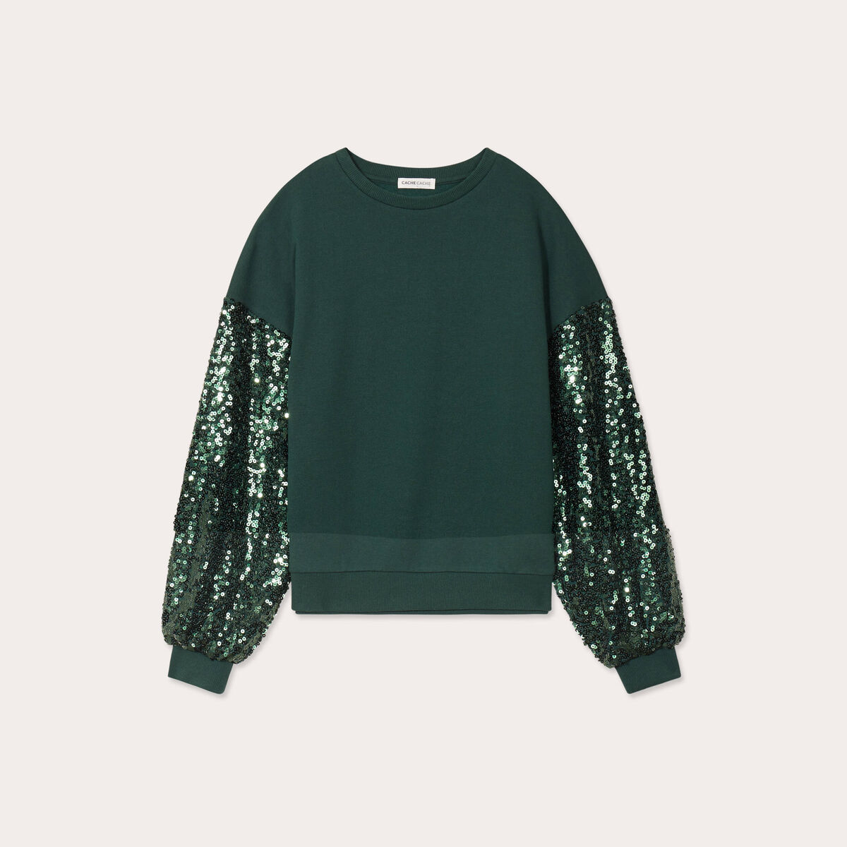Sweat manches sequins vert foncé femme