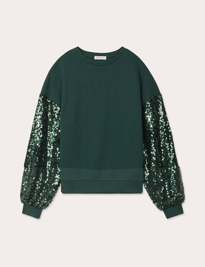 Sweat manches sequins vert foncé femme