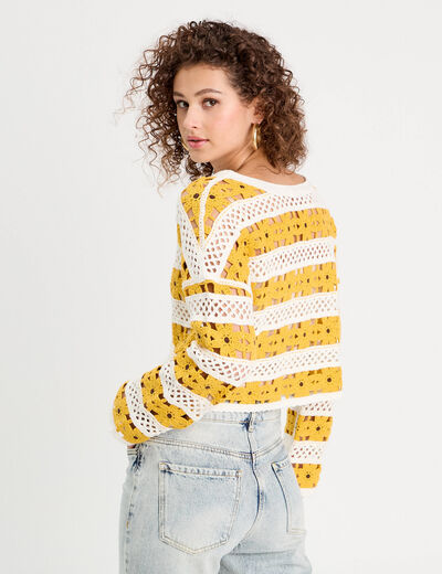 Pull ajouré effet crochet jaune citron femme