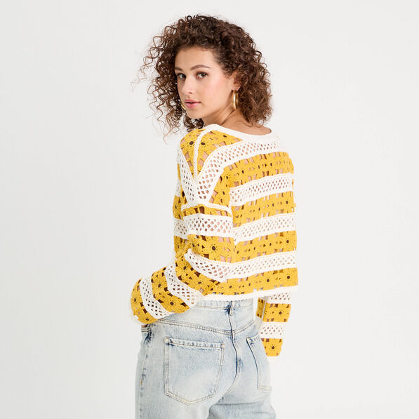 pull ajoure effet crochet jaune citron femme Pull ajouré effet crochet jaune citron femme