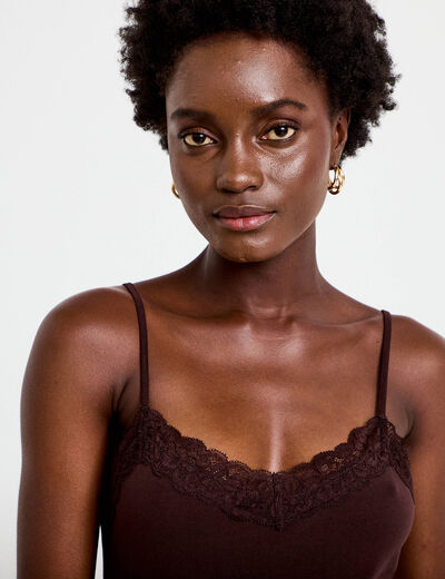 D&eacute;bardeur ajust&eacute; d&eacute;collet&eacute; dentelle marron femme