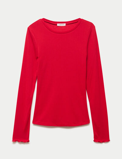 T-shirt ajust&eacute; col rond manches longues rouge femme