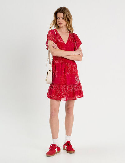 Robe évasée taille smockée rouge femme