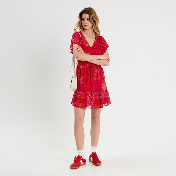 Robe évasée taille smockée rouge femme