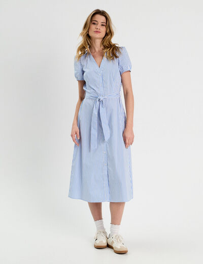 Robe chemise longue ceinturée bleu foncé femme