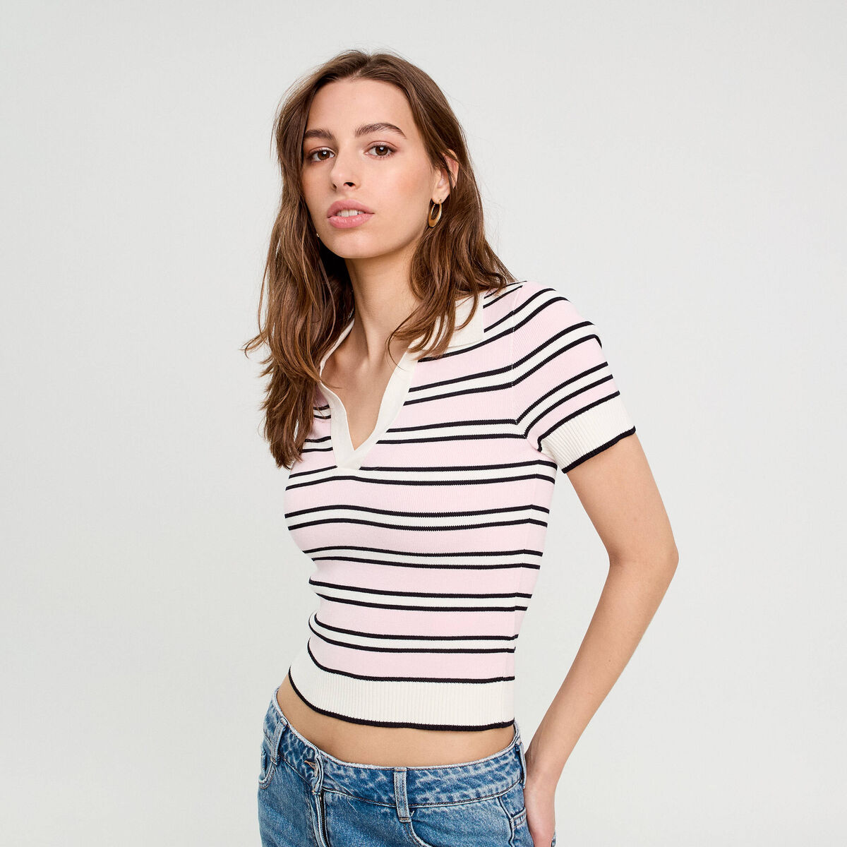 Pull manches courtes col polo rose femme
