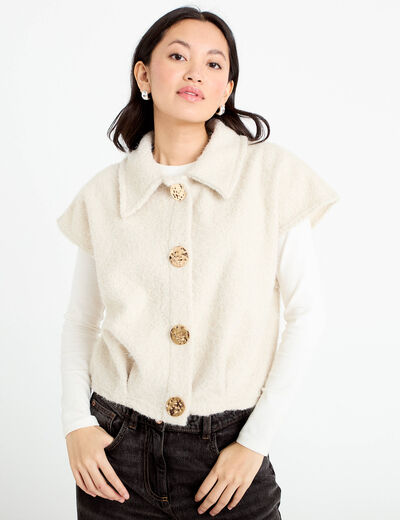 Veste sans manches bouclette col rond sable femme