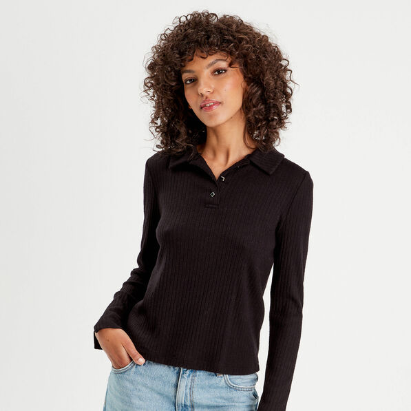 Polo manches longues côtelé noir femme