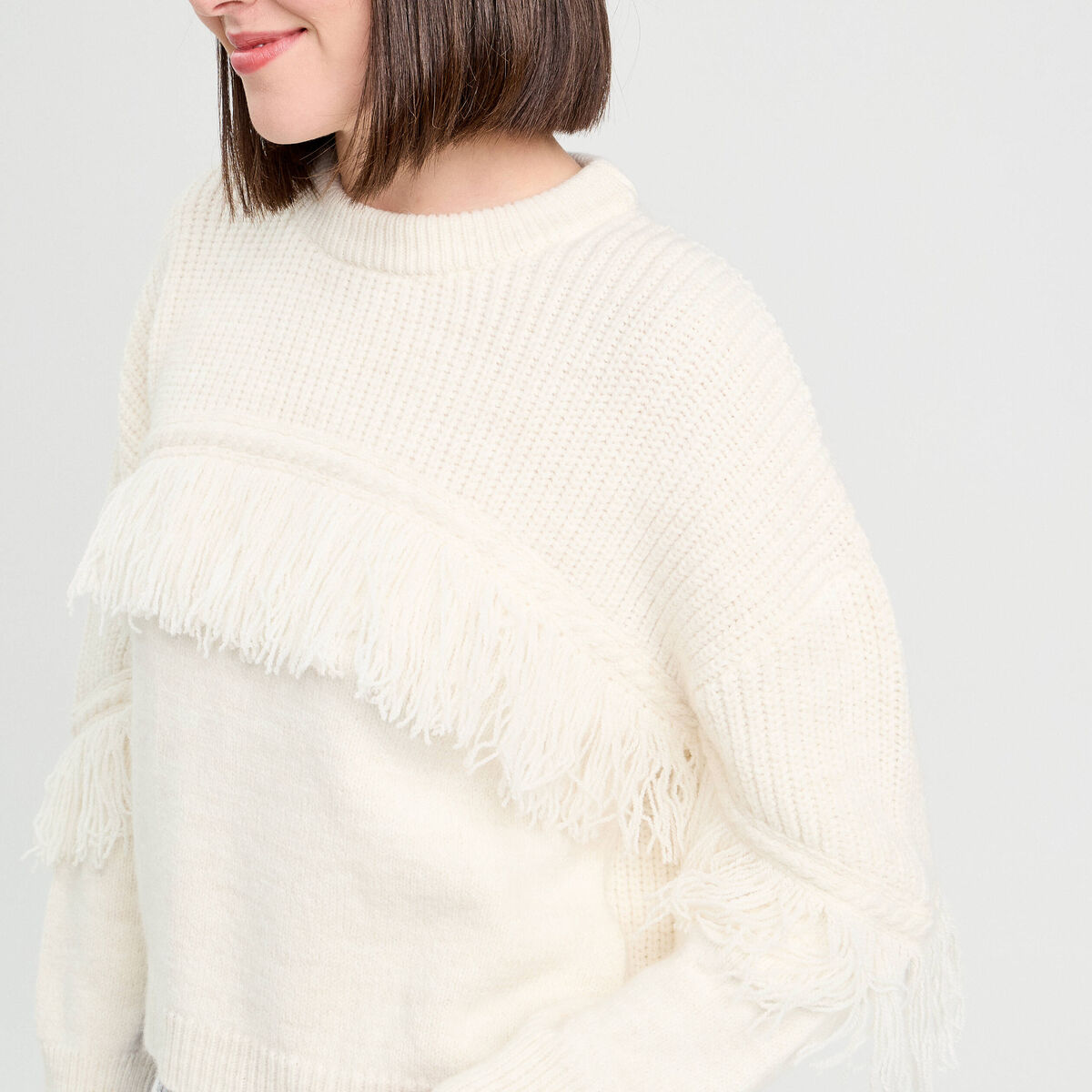 Pull avec franges ecru femme