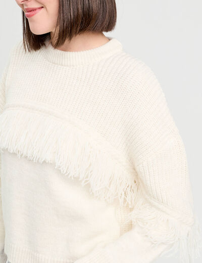 Pull avec franges ecru femme