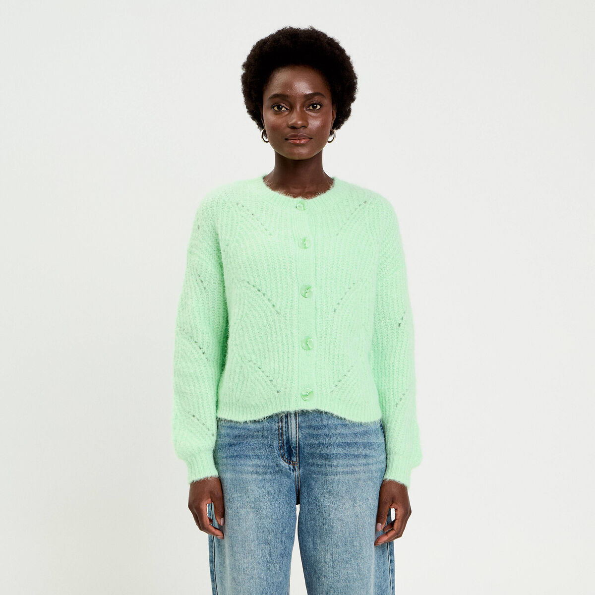 Gilet ajour&eacute; manches longues vert pastel femme