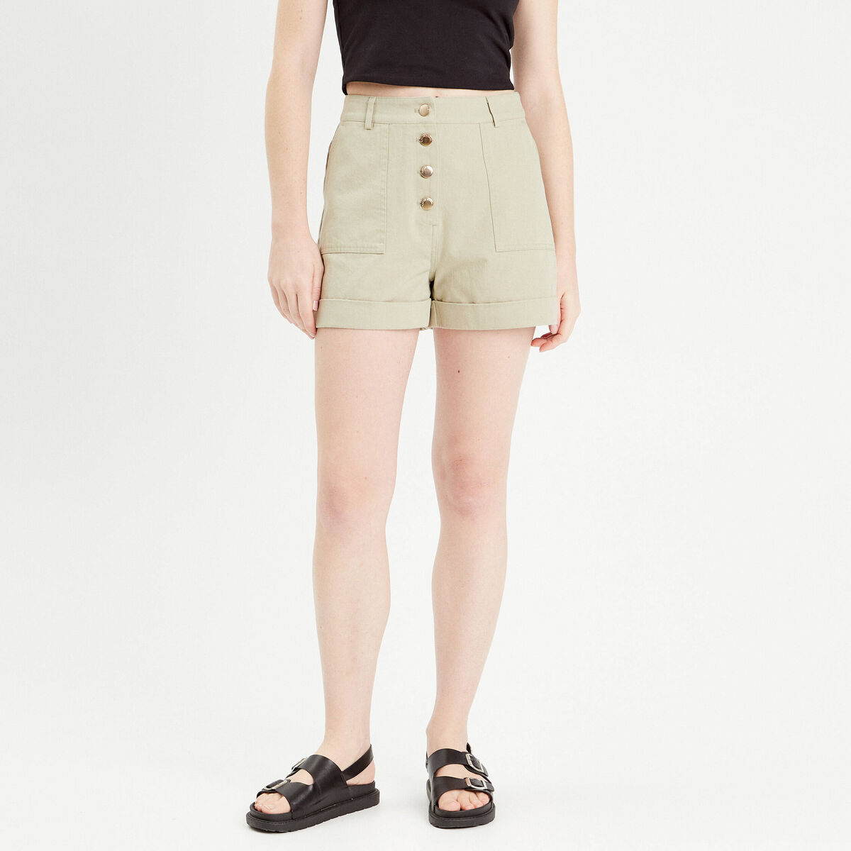 Short regular boutonné en jean vert pastel femme