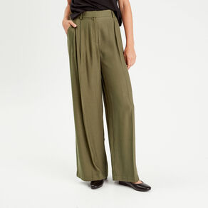 Pantalon large avec pinces vert kaki femme