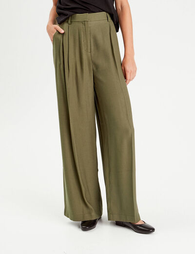 Pantalon large avec pinces vert kaki femme