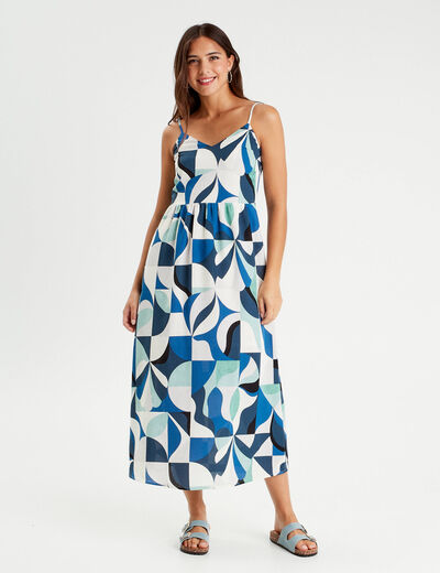 Robe longue évasée fluide bleu femme