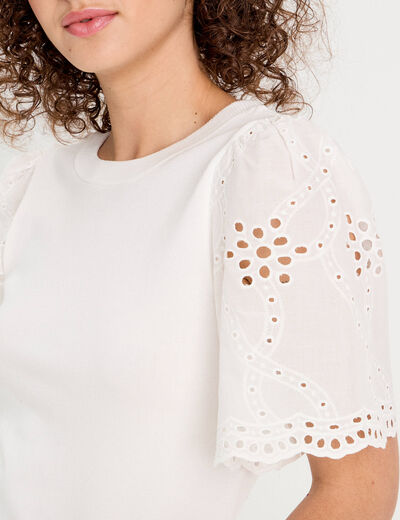 Pull manches broderie anglaise blanc femme