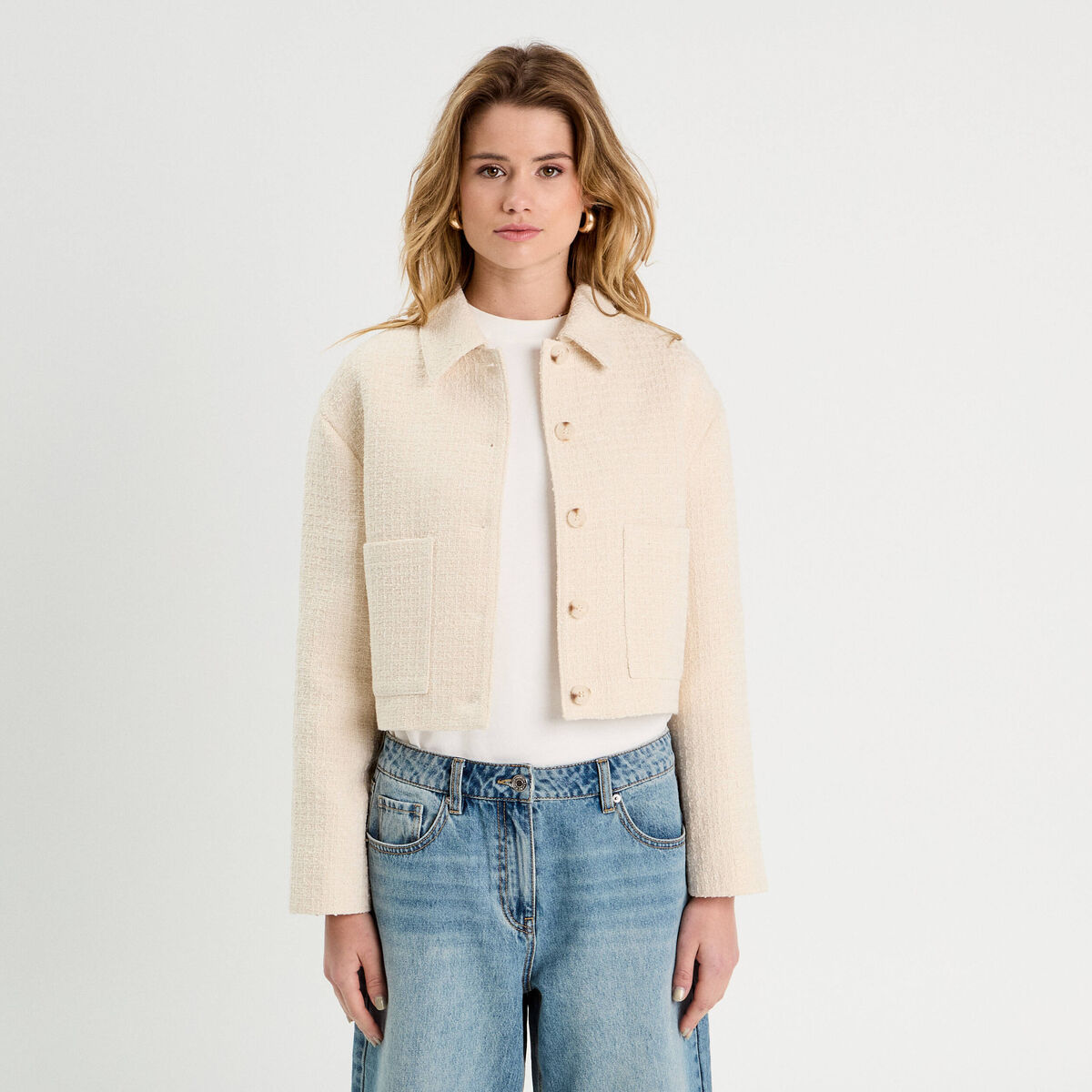 Veste boutonnée tweed beige femme