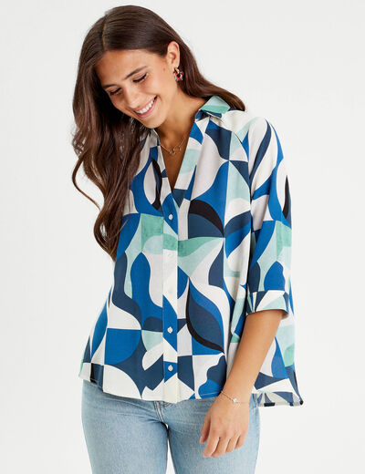 Chemise manches 3/4 bleu femme