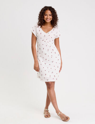 Robe courte évasée col v manches courtes blanc femme