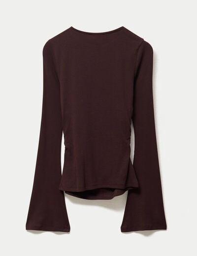 T-shirt ajust&eacute; col rond manches longues marron fonc&eacute; femme