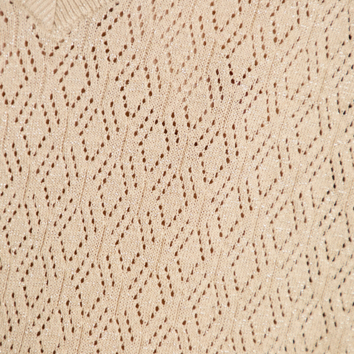 Pull ajour&eacute; col v manches courtes beige femme
