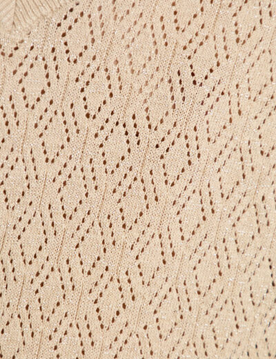 Pull ajour&eacute; col v manches courtes beige femme