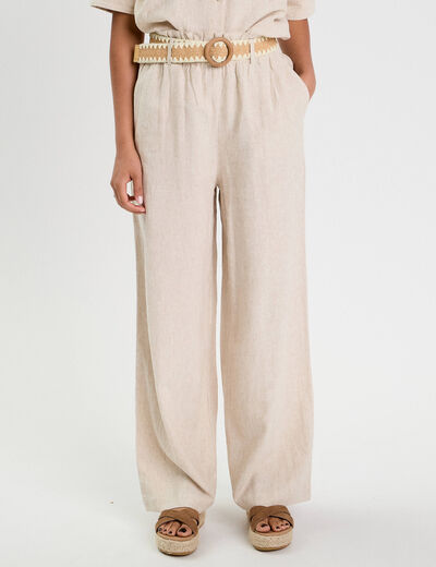Pantalon large ceinturé contenant du lin beige femme