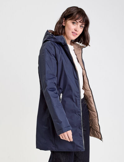 Parka à capuche réversible bleu marine femme