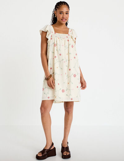 Robe courte &eacute;vas&eacute;e brod&eacute;e blanc femme