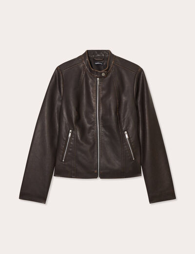 Veste ajustée simili cuir marron foncé femme