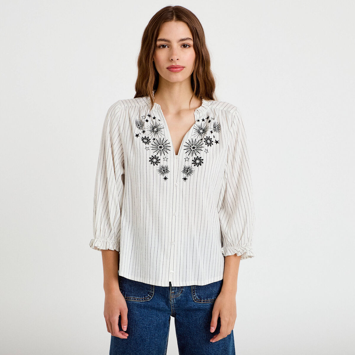 Blouse ample broderie manches 3/4 blanc femme