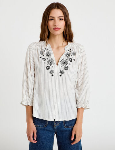 Blouse ample broderie manches 3/4 blanc femme