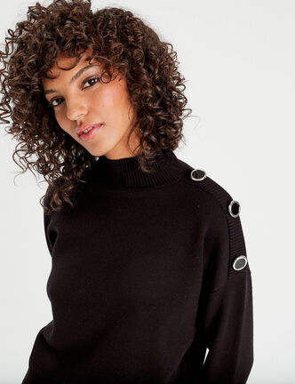 Pull col montant boutons noir femme