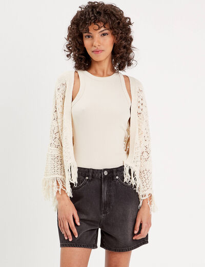 Gilet ajouré avec franges ecru femme