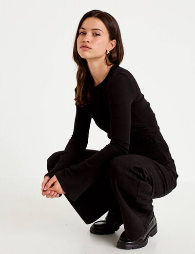 T-shirt ajust&eacute; col rond manches longues noir femme