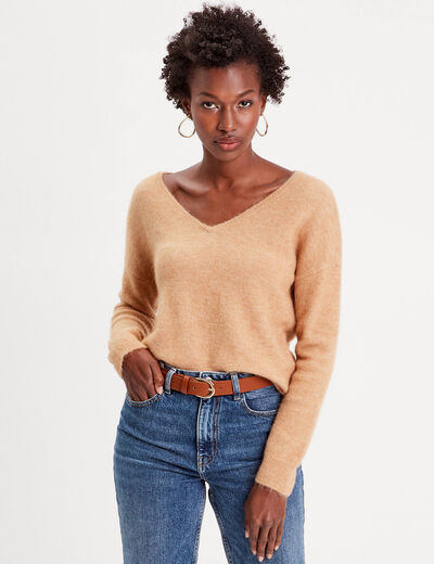 Pull avec col en V beige femme
