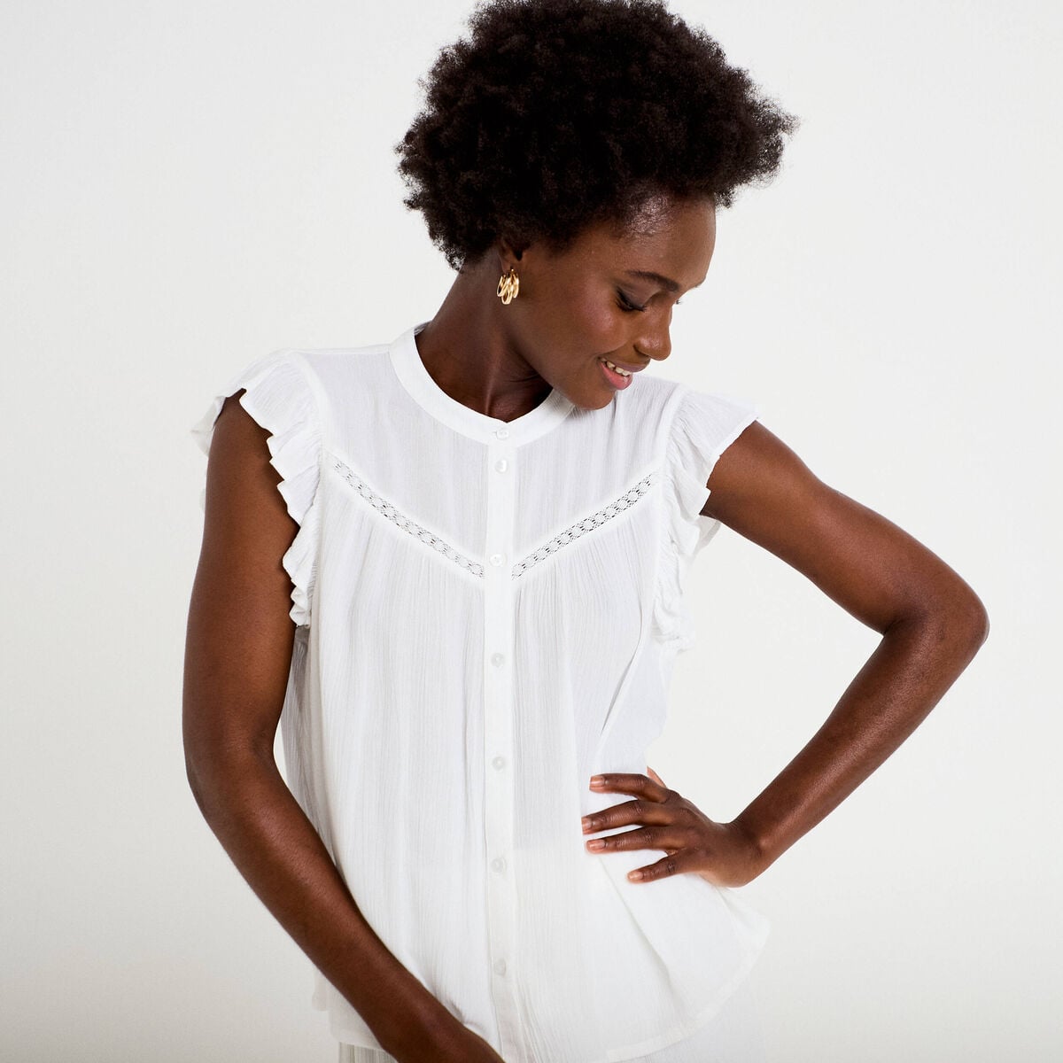 Top ample sans manches col carr&eacute; blanc femme