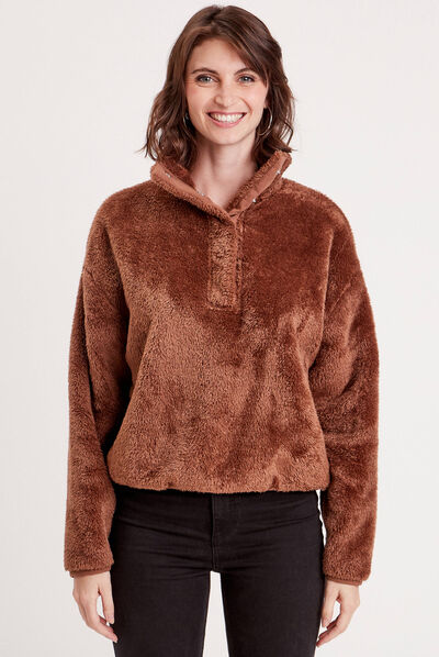 Sweat fausse fourrure boutonné marron femme