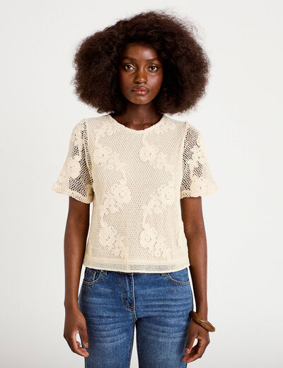 T-shirt manches courtes aspect dentelle ecru femme