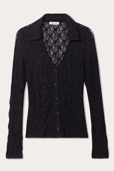 Chemise dentelle col polo noir femme