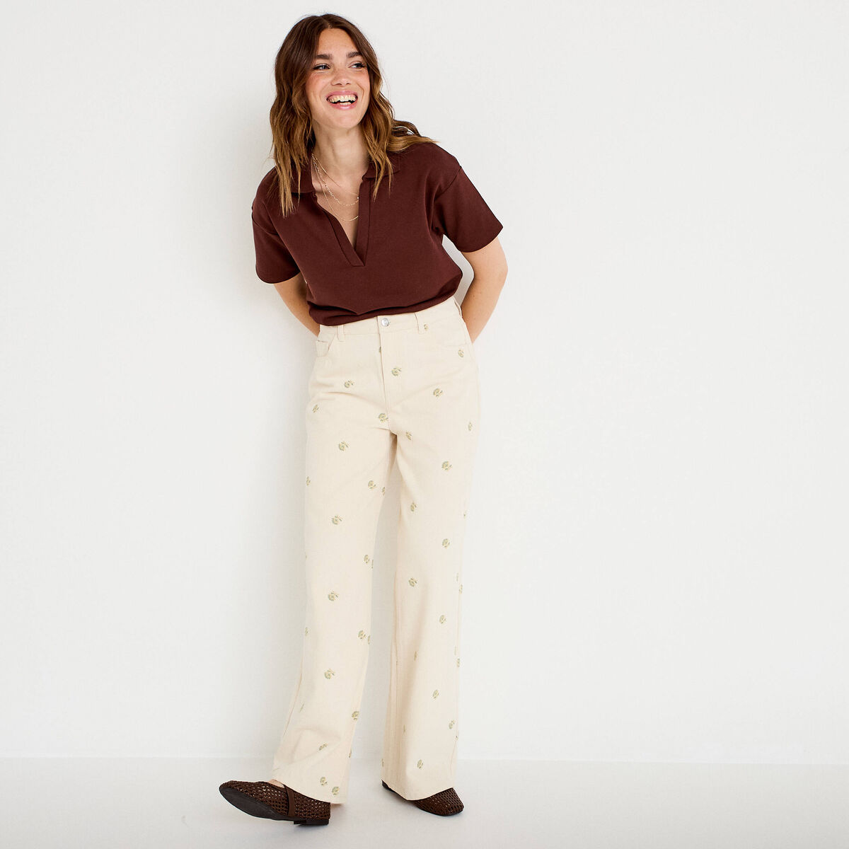 Jean wide leg broderie taille haute denim blanc femme