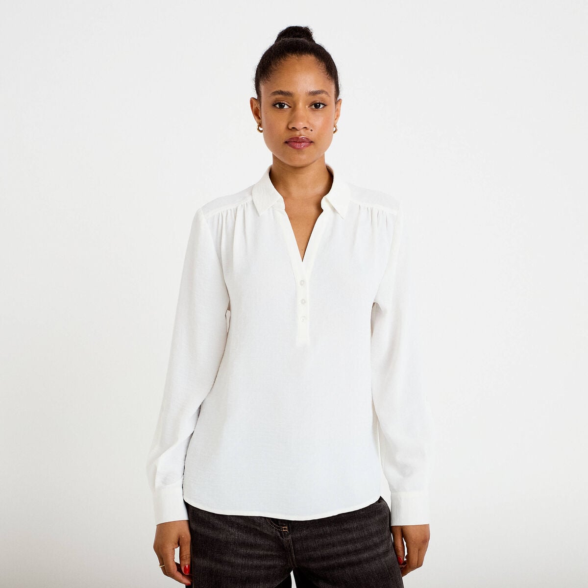 Blouse droite manches longues ecru femme