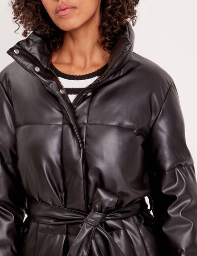 Doudoune ceinturée simili cuir noir femme