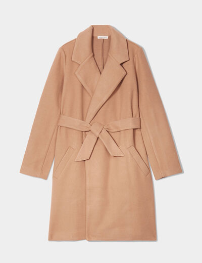 Manteau droit ceinturé camel femme