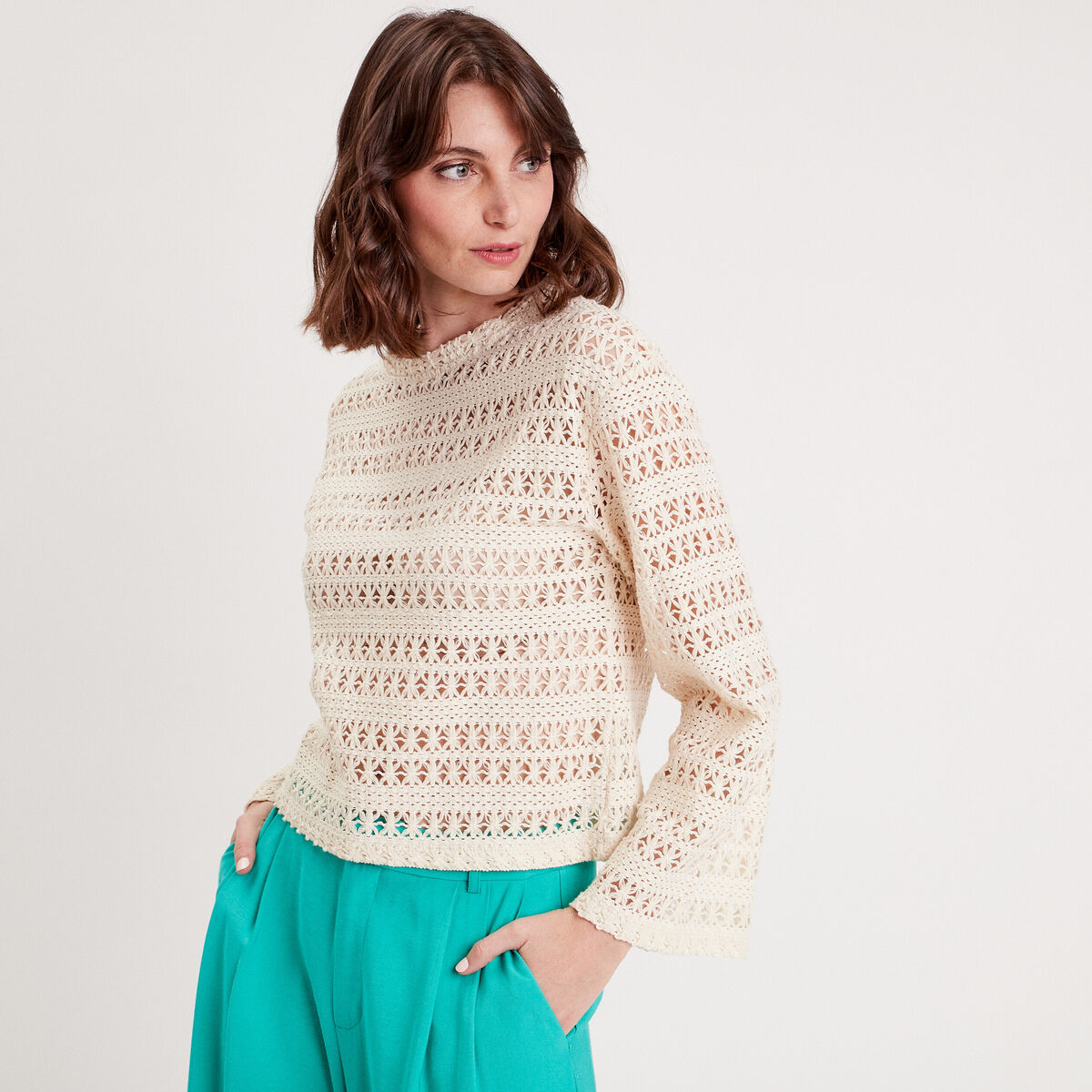 T-shirt crochet manches pagode ecru femme