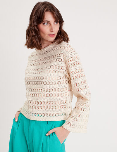 T-shirt crochet manches pagode ecru femme