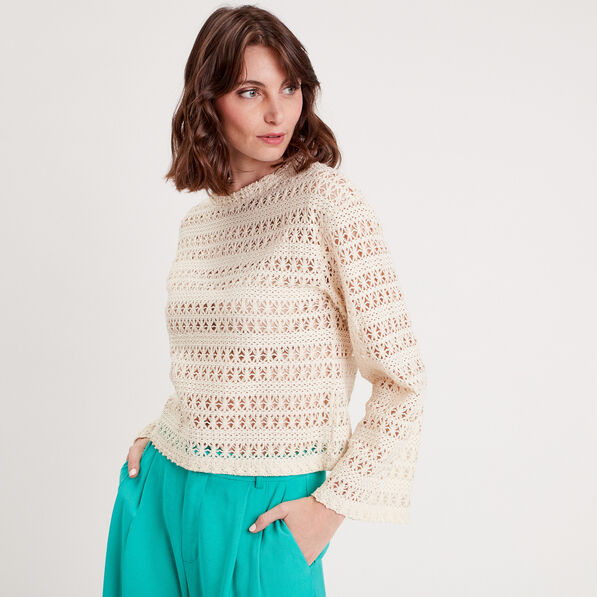 T-shirt crochet manches pagode ecru femme