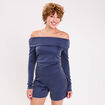 Combishort col bardot fils m&eacute;tallis&eacute;s bleu fonc&eacute; femme