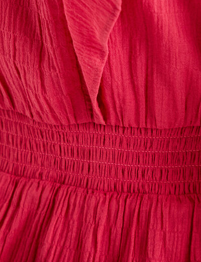 Robe courte &eacute;vas&eacute;e col v manches courtes rose framboise femme