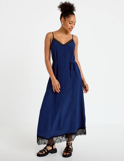 Robe longue &eacute;vas&eacute;e col v dentelle bleu marine femme